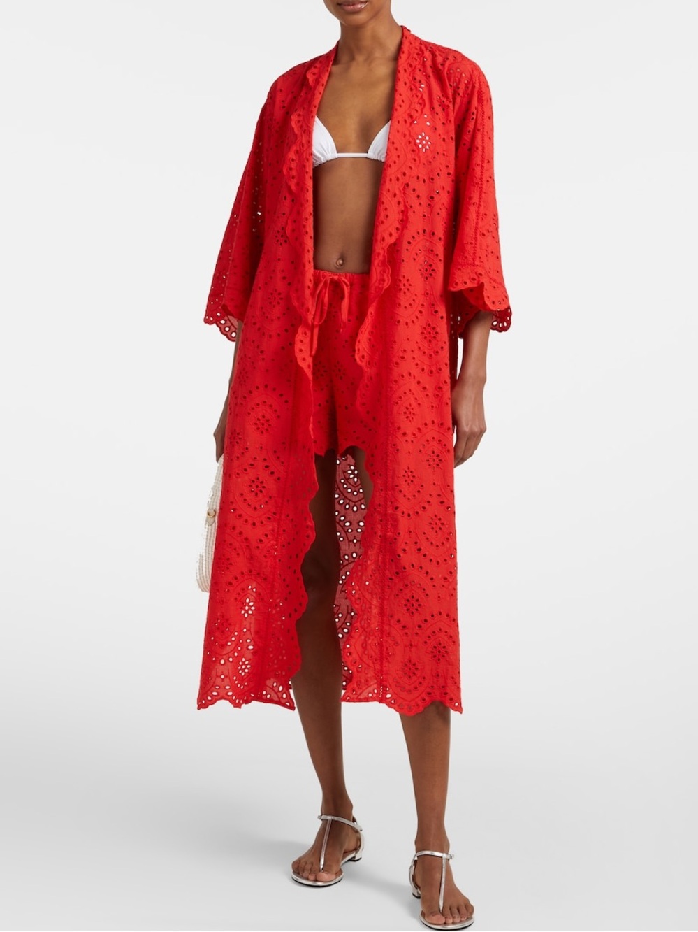 Poupette St Barth Cotton Aya Broderie Anglaise Kimono Beach Cover-Up OS Red